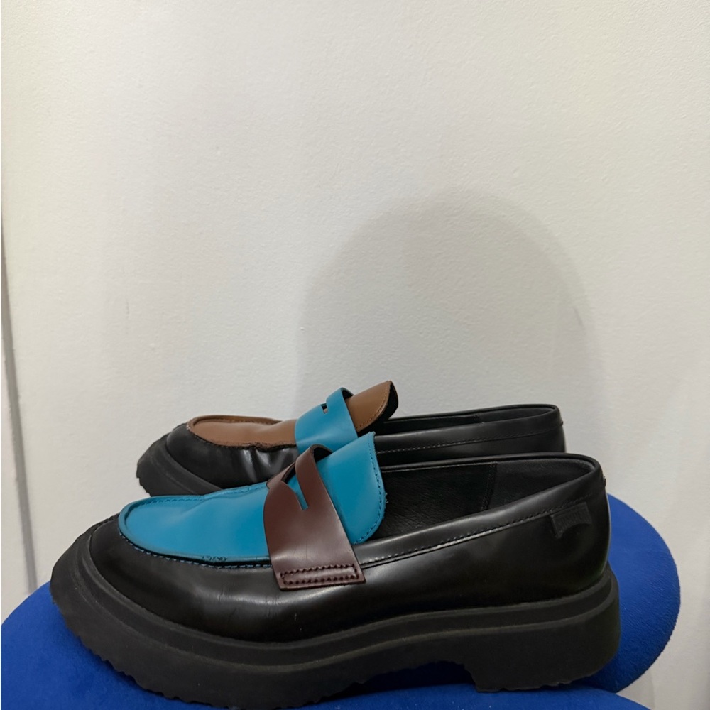 Camper Black and Blue Loafers with Brown Accents